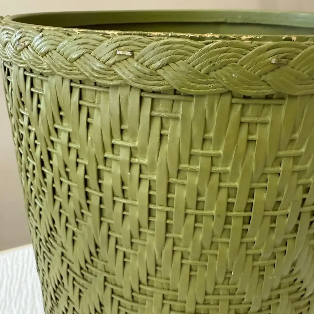 Vintage Trash Can Avocado Green Wicker Woven Round Cylinder 13 x 9 Cottage Farm
